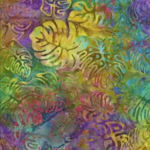 Afklip Patchworkstof batik med blade i multifarvet, 50x55 cm. - Afklip patchwork