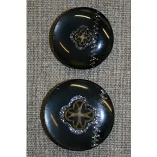 Sort knap m/guld & sølv mønster, 35 mm. - Knapper Hvid, grå og sort