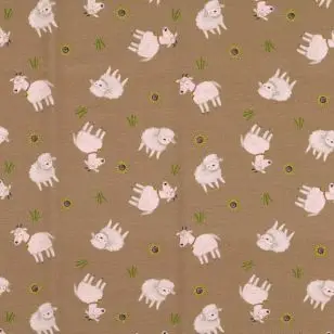 Bomulds jersey i støvet brun med får og geder - Bomuldsjersey mønstret