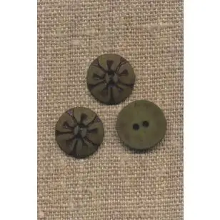 2-huls Kokos knap blomst i oliven-grøn, 15 mm. - Træ- og Horn-knapper