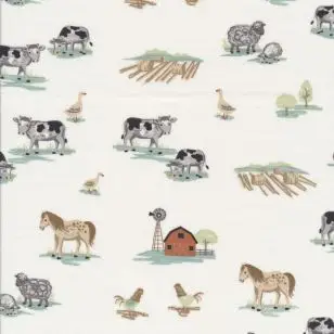 Bomuldsjersey i knækket hvid med bondegårds dyr - Bomuldsjersey børneprint