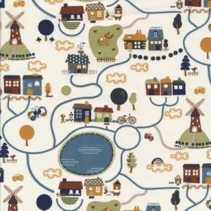 Knækket hvid jersey med huse og dyr - Bomuldsjersey børneprint