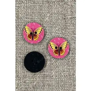 2-Huls knap med sommerfugl i pink og lysegul - Børneknapper