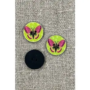 2-Huls knap med sommerfugl i lime og pink - Børneknapper