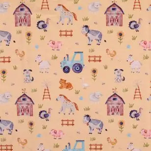 Bomuldsjersey økotex i beige med dyr - bondegård - Bomuldsjersey digitalprint