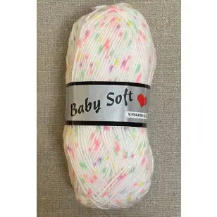 Baby Soft i hvid med nister i pink, grøn, lilla - Acrylgarn