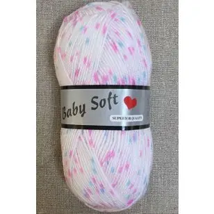 Baby Soft i hvid med nister i pink, turkis - Acrylgarn