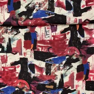 Bomulds voil mønstret i mørk rød, blå, offwhite - Tilbud metervare