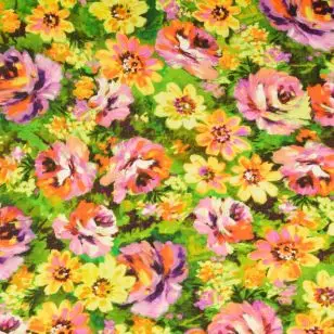 Viskose Satin med blomster, i grøn, lyselilla, gul - Satin