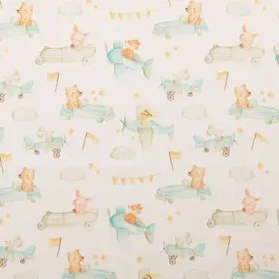 Fast bomuld hvid med bil, fly, bamse - Børnestof