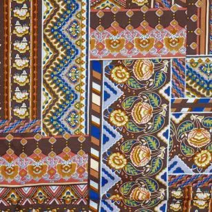 100% viskose i firkant print i brun, orange, blå - Mønstret viskose