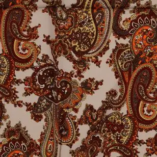 Viscose i paisley mønster i sand, orange, rød, brun - Mønstret viskose