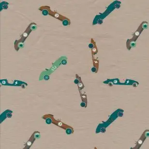 Bomulds jersey sand med antikke biler - Børnestof