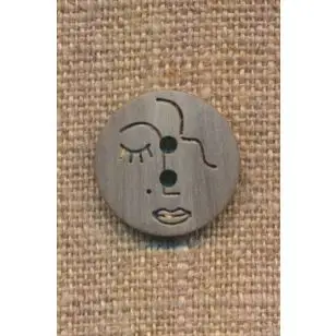 2-huls knap med ansigt i grå-sand, 18 mm - Knapper Hvid, grå og sort