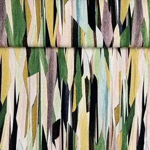 Viskose poplin med stræk mønstret i grøn, gul, rosa - Mønstret viskose