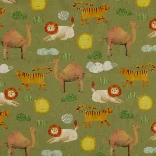 Bomuldsjersey oliven med dyr - Børnestof