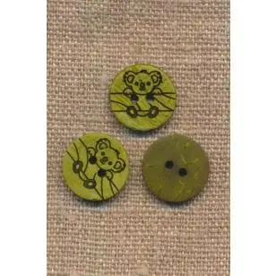 2-huls kokos knap med koala i lime, 15 mm. - Træ- og Horn-knapper