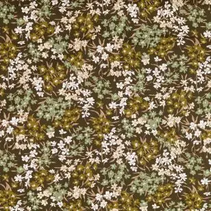 Fast bomuld i mørkebrun med blomster - Metervarer