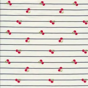 Jersey i hvid med sort strib og kirsebær - Børnestof