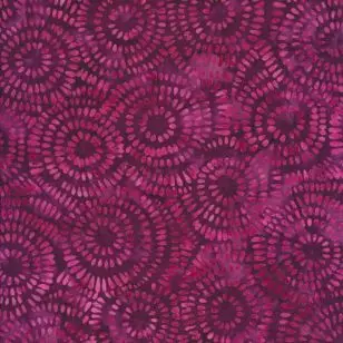 Afklip Patchwork stof i batik med små cirkler i cerisse, pink, vinrød - Afklip patchwork