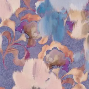 Viskose med stræk med blomster i denim, laks, lyseblå - Mønstret viskose