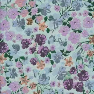 Brokade med blomster i aqua, rosa, lyseblå - Polyester fastvævet