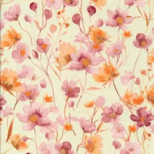 Babyfløjl i offwhite med rosa blomster - Metervarer