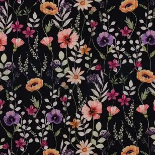 Sort jersey med blomster i lilla, laks, gul - Jersey