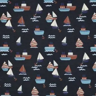 Jersey med både i mørkeblå meleret - Børnestof