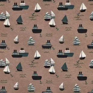 Jersey med både i brun meleret - Børnestof