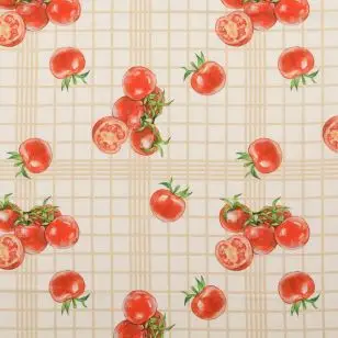 Fast bomuld i beige med tern og tomater - Metervarer