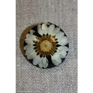 Sort knap m/Marguerit, 25 mm. - Knapper Hvid, grå og sort