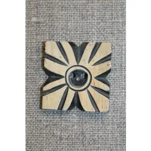 Firkantet træknap m/blomst beige/sort - Træ- og Horn-knapper