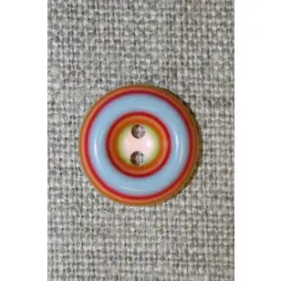 Flerfarvet knap m/cirkler, rød/lyseblå/lyserød, 15 mm. - Knapper Blå, turkis og petrol