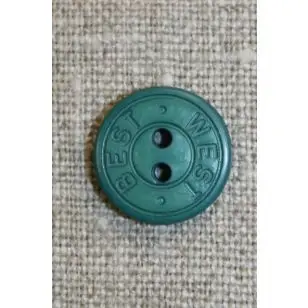 2-huls knap m/tekst, flaskegrøn 15 mm. - Knapper Blå, turkis og petrol