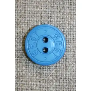 2-huls knap m/tekst, klar blå 15 mm. - Knapper Blå, turkis og petrol