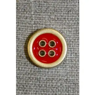 4-huls knap m/guld-kanter, rød 15 mm. - Guld-, sølv- og metalknapper