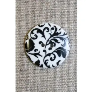 Knap sort/hvid rund m/blomster - Knapper Hvid, grå og sort