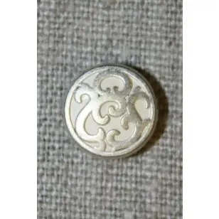 Lille metalknap m/mønster hvid/sølv, 12 mm. - Guld-, sølv- og metalknapper