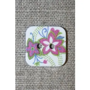 Knap m/print, firkant m/blomster, hvid/lyng/lime - Knapper Rød/lyserød/lilla