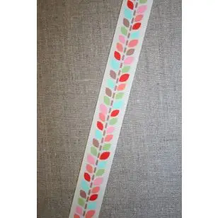 Grossgrain-bånd med blade, off-white og lyserød, 25 mm. - Gjordbånd, bændel og sportsbånd