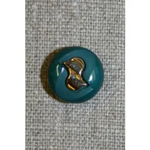 Knap petrol-grøn/guld, 15 mm. - Knapper Blå, turkis og petrol