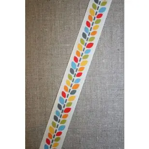 Grossgrain-bånd med blade, off-white og rød, 25 mm. - Gjordbånd, bændel og sportsbånd