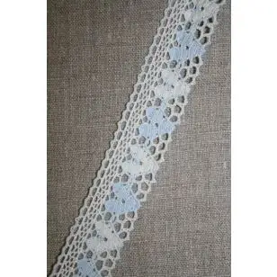 Bomulds-blonde m/hjerter 25 mm. hvid/lyseblå - Blonder