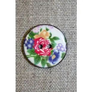 Kokos-knap m/emalje, hvid m/blomster - Træ- og Horn-knapper