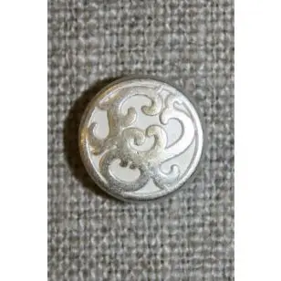 Metal-knap m/mønster sølv/hvid, 13 mm. - 