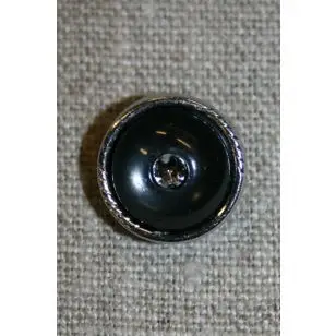Sort knap m/simili-sten & sølv-kant 15 mm. - Knapper Hvid, grå og sort