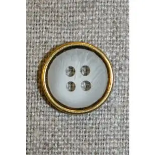 4-huls knap hvid-meleret m/guld-kant, 15mm. - Knapper Hvid, grå og sort