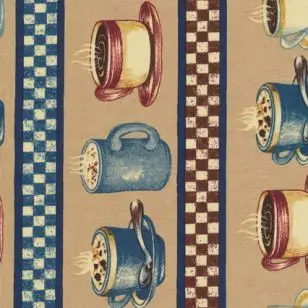 Patchwork stof med kaffekopper og striber i beige og blå - Patchworkstof