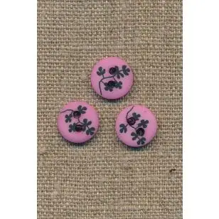 Pink/rosa 2-huls knap m/sorte grene, 13 mm. - Knapper Rød/lyserød/lilla